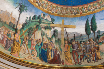 ROME, ITALY - SEPTEMBER 2, 2021: The detail of Founding of Holy Cross fresco from the church Santa...