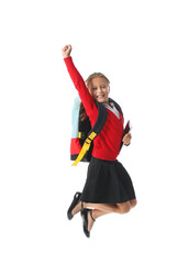 Jumping little schoolgirl on white background