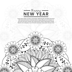 Happy new year banner or card template with mehndi flower