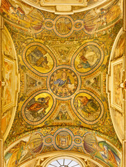ROME, ITALY - SEPTEMBER 2, 2021: The ceiling mosaic with the Jesus the Teacher and Four Evangelists in St. Helen chapel from the church Santa Croce in Gerusalemme by Baldassarre Peruzzi  (1481 - 1536)
