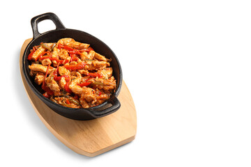 Frying pan with tasty Fajita on white background