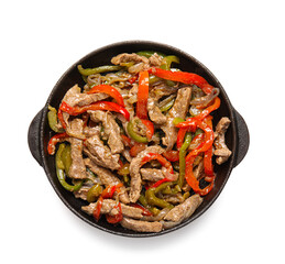 Tasty beef Fajita in frying pan on white background