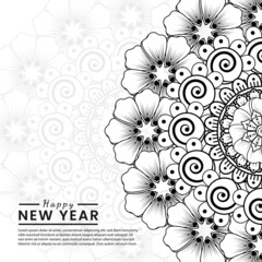 Happy new year banner or card template with mehndi flower