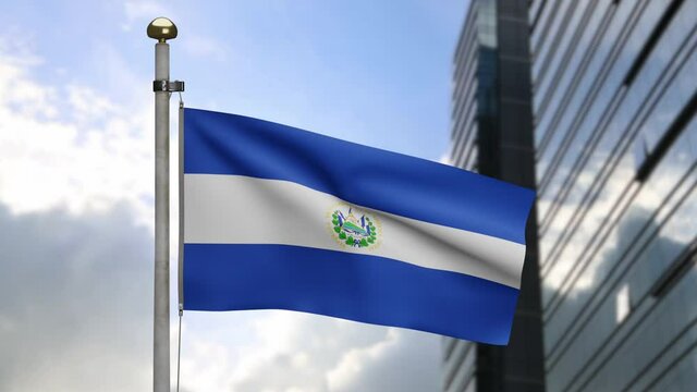 3D, Salvadorean flag waving on wind with modern skyscraper city. Close up of Salvador banner blowing, soft and smooth silk. Cloth fabric texture ensign background.