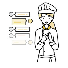 立ってスマートフォンで楽しくチャットで会話する調理師の女性