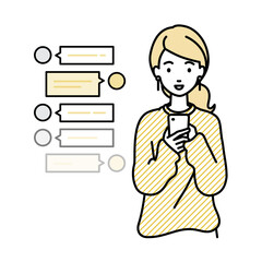 立ってスマートフォンで楽しくチャットで会話するリモートワークの女性