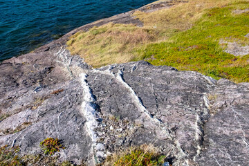 A downward view of multiple white and grey quartz veins running through a gray rocky mountain...