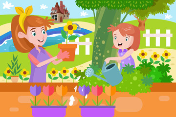 Girl and Mommy Watering a Plants - Kids Illustration