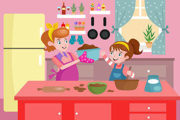 Mommy and Daughter Cooking Together - Kids Illustration