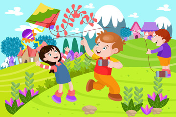 Happy Kids Playing Kite - Kids Illustration