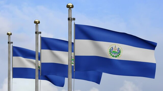 3D, Salvadorean flag waving on wind with blue sky and clouds. Salvador banner blowing smooth silk. Cloth fabric texture ensign background. Use it for national day and country occasions concept.
