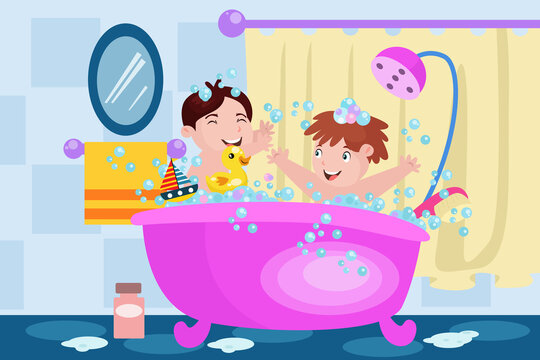 Kids Bathing Together - Kids Illustration