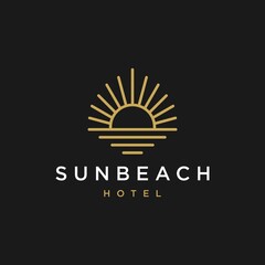 elegant hipster gold sun sunset sunrise with beach ocean sea water logo icon vector in trendy line linear,  outline logo vector for hotel 