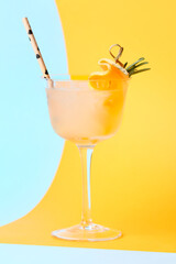 Glass of tasty melon cocktail on color background