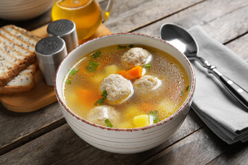 Bowl with tasty meatball soup on wooden background, closeup