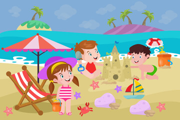 Children Playing Sand on The Beach - Kids Illustration