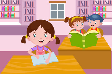 Children Reading Books in Library - Kids Illustration