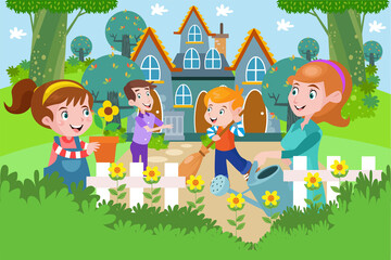 Happy Family in Summer - Kids Illustration
