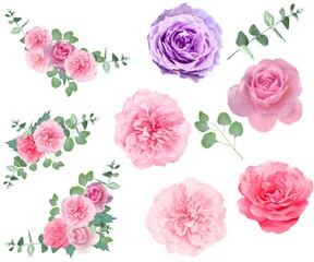 優しい色使いのピンク系のバラの花とリーフと花束のベクターイラスト素材