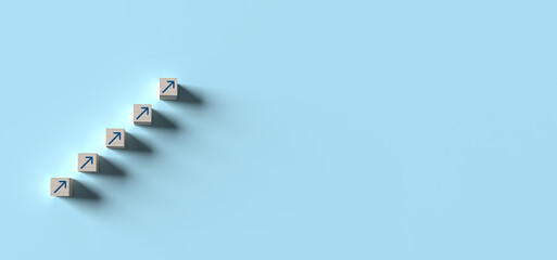 Cube wooden white arrow sign symbol business strategy creative idea plan leadership vision goal winner teamwork job career financial marketing growth on blue background wallpaper copy space.3d render