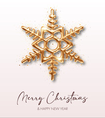 Christmas background with three dimensional golden snowflake. Design element for greeting card