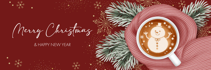 Coffee cup with warm knitted scarf and christmas tree branches. Background for greeting card, invitation or advertise