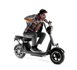 Fototapeta na wymiar Man dressed for Halloween as zombie with motorcycle on white background