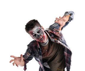 Scary zombie man on white background