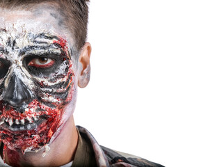 Scary zombie man on white background, closeup