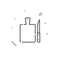 Obraz premium Cutting board and knife simple vector line icon. Kitchenware related sign isolated on white background. Editable stroke