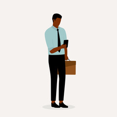 Black Man Employee With Briefcase Using Mobile Phone.