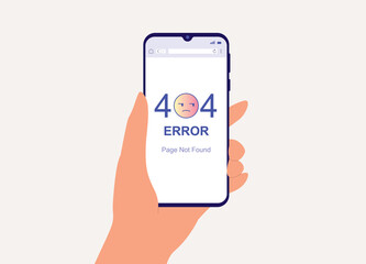 A Person's Hand Holding Smartphone With 404 Error Page Not Found Message Showing Up On Mobile Screen, The Annoying Emoji Icons Depicting User Frustration.