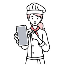 workers-phone1-woman1-front--reda立ってスマートフォンを指差してこちらに向けて見せている調理師の女性