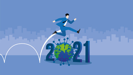 Businessman jumping overcome obstacles. Manager jump over the year 2021 number and virus, COVID-19 coronavirus global problem. Business concept of a startup, economic crisis, problem solving, ongoing.