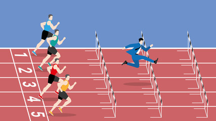 Hurry lifestyle concept. The fastest runner is jumping overcome obstacle by running faster and better start on race track. The leader is a businessman other rival competitors are athlete sport person.