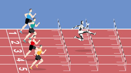 Sports technology concept. The faster robot leader jumping overcomes obstacles by running faster, better start and automation system. The loser in competition is a slower athlete sports person.