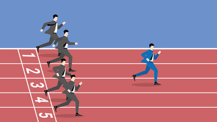 Business competition concept of businessman running in race rubber track. A successful competitive leader is a different entrepreneur from other competitors. A winning strategy to compete with rivals.