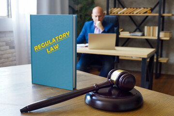  REGULATORY LAW inscription on the sheet. Regulatory law refers to law promulgated by an executive branch agency under a delegation from a legislature - obrazy, fototapety, plakaty