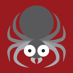 Cute and funny spider. Graphic flat arthropod close-up. Spidery silhouette. Traditional scary Halloween symbol. Spider-like animal. Poisonous arachnid sign. Top view. Insect with expressive eyes.