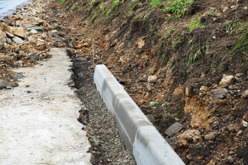 Curbstone laying. Road works, road repair.