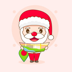 Cute Santa Claus reading map chibi cartoon character illustration