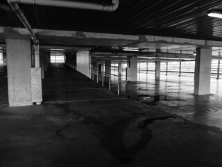 black and white parking lot