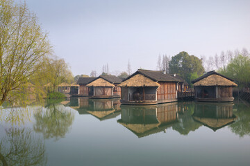Fototapeta na wymiar Waterfront houses in Wuzhen Xizha Scenic Area,