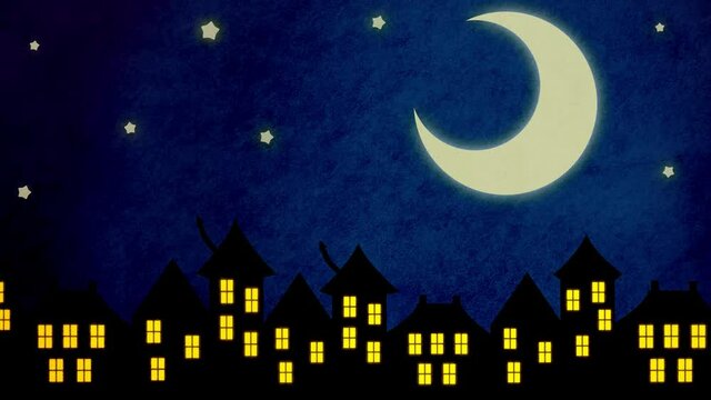 絵本のような夜の街並みスクロールアニメーション