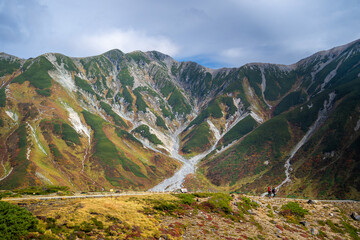 富山県立山町の立山の秋の紅葉の季節に登山している風景 Scenery of climbing...