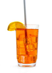 Orange drink with ice isolated on white background.