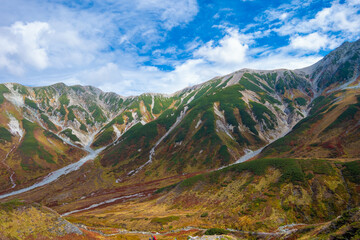 富山県立山町の立山の秋の紅葉の季節に登山している風景 Scenery of climbing Tateyama Mountain in Tateyama Town, Toyama Prefecture, Japan during the season of autumn leaves. 