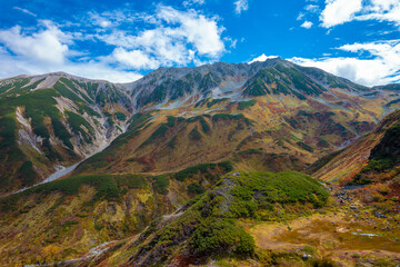 富山県立山町の立山の秋の紅葉の季節に登山している風景 Scenery of climbing Tateyama Mountain in Tateyama Town, Toyama Prefecture, Japan during the season of autumn leaves. 