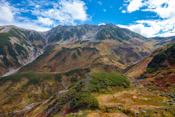 Fototapeta premium 富山県立山町の立山の秋の紅葉の季節に登山している風景 Scenery of climbing Tateyama Mountain in Tateyama Town, Toyama Prefecture, Japan during the season of autumn leaves. 