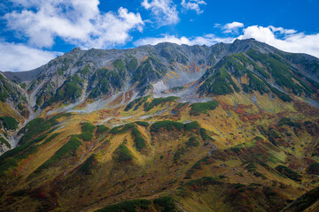 Fototapeta premium 富山県立山町の立山の秋の紅葉の季節に登山している風景 Scenery of climbing Tateyama Mountain in Tateyama Town, Toyama Prefecture, Japan during the season of autumn leaves. 